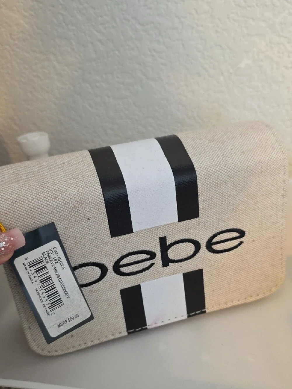 bebe Cream and Black Striped Cosmetic Case
